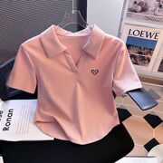粉色polo衫领短袖，t恤女夏季弧形下摆小个子，修身显瘦短款体恤上衣