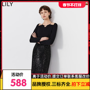 甄选LILY2023冬女装优雅气质珠片开叉铅笔裙半身裙女