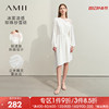 amii2024夏宽松(夏宽松)不规则，斜裙摆拼雪纺露肩花边长袖连衣裙女款