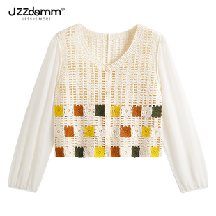 九州诚品jzzdemm彩色，方块镂空纹路拼接雪纺，袖针织开衫女薄款上衣