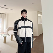 韩国小众黑白拼接pu束腰设计感短款皮衣，夹克男垫肩痞帅机车外套潮