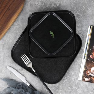 日式纯色磨砂牛排盘简约直身方形陶瓷盘子，黑色立边平盘西餐厅餐具