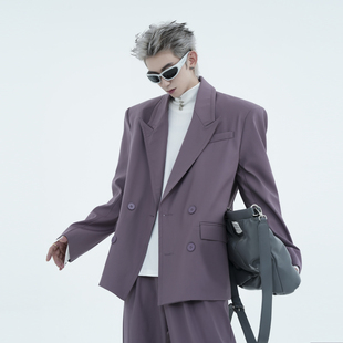 紫色双排扣西装男高级感廓形宽松男士，休闲简约气质流行西服外套