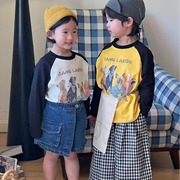 韩系2024春季男女童儿童卫衣拼色可爱卡通小狗T恤插肩袖上衣