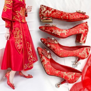 红秀禾服婚鞋女2023红色，高跟粗跟孕妇，中式新娘结婚敬酒红鞋春