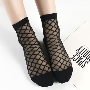 袜子女韩国镂空性感透明渔网，黑色短丝袜夏季网格丝袜女士玻璃丝袜