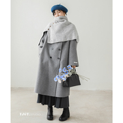 印计谷羽羊毛呢大衣女，秋冬高级感灰色外套韩版百搭显瘦时尚f803