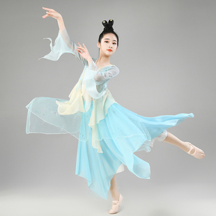 儿童古典舞蹈练功服少儿，纱衣中国风演出服绿色，女孩身韵飘逸表演服