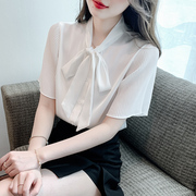 蝴蝶结白色雪纺衬衫女夏季2024年洋气职业，衬衣韩版设计感上衣