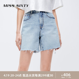 misssixty牛仔短裤女纯棉，高腰显瘦潮流，毛边直筒裤显瘦通勤休闲