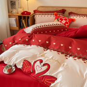 高档浪漫天鹅备婚四件套结婚红色床单被套，新婚庆(新婚庆)床上用高档婚房喜