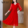 红色连衣裙夏季2024高端精致女装气质收腰仙气雪纺中长款裙子