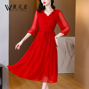 红色连衣裙夏季2024高端精致女装气质收腰仙气雪纺中长款裙子