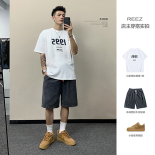 REEZ店主穿搭短袖T恤男夏季日系简约1995数字印花五分袖体恤