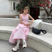 2024设计师系列温柔粉色荷叶，边领连衣裙女款无袖长裙娃娃领韩版