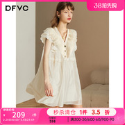 dfvc白色v领荷叶边天丝连衣裙女夏2023宽松飞飞袖a字娃娃裙子