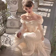 浪漫法式方领镂空蕾丝碎花，雪纺连衣裙优雅复古收腰绑带长裙子