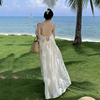 三亚旅行度假海边拍照沙滩长裙法式露背吊带 白色 连衣裙仙女