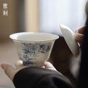 束刻釉下彩青花手绘葵花，薄胎盖碗家用陶瓷功夫，茶具泡茶碗白瓷