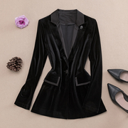黑色chic金丝绒小西装外套女韩版中长款修身丝绒上衣时尚丝绒套装