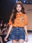新中式橙色上衣花边短袖盘扣风衬衫女装2024年春季独特小衫