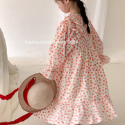 韩系女童橘红小花连衣裙春季小女孩满印碎花长袖花边棉布裙