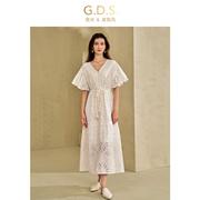 gds澳洲品牌度假风纯棉法式白色，v领连衣裙女镂空蕾丝，中长裙春夏款