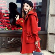 早春高级感大衣外套，女毛呢外套中长款大红色连帽呢子大衣过年圣诞
