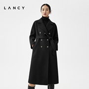 LANCY/朗姿2023秋冬黑色经典羊毛羊绒大衣女法式长款毛呢外套