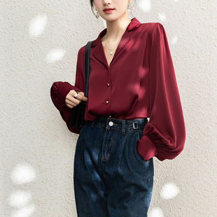 法式高级感西装领长袖衬衫，女2023秋季复古酒红色缎面雪纺上衣