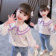 女童春装紫色圆点衬衫2024洋气时髦儿童装，女宝宝休闲翻领衬衣