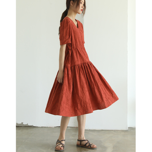 红色V领连衣裙女夏季显瘦法式复古泡泡袖中长款抽绳收腰裙子