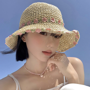 花朵草帽女大帽檐夏季海边度假沙滩显脸小草编，可折叠遮阳防晒帽子