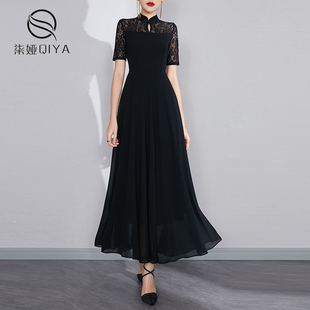 黑色蕾丝连衣裙2024气质收腰显瘦大摆雪纺，波西米亚长裙女夏装