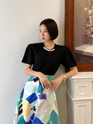 韩国chic夏季复古洋气钉珠点缀短袖T恤+高腰几何印花半身裙两件套