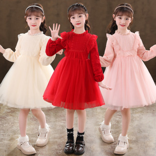 小女孩穿的连衣裙红色蕾丝公主裙洋气秋冬洋气礼服女大童蓬蓬纱裙