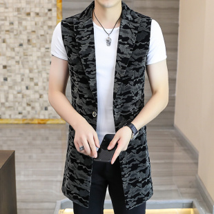 春秋男士中长款马甲韩版潮流修身迷彩无袖风衣青年个性发型师外套