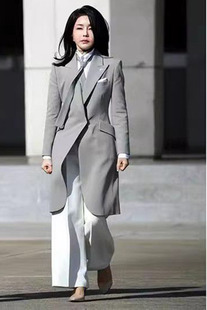 韩国总统夫人金建希灰色过膝修身风衣法式浪漫长袖一粒扣名媛外套