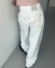 uniquesei韩版街头蝴蝶结刺绣，印花裤兜奶白色，直筒宽松牛仔长裤
