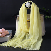 真丝围巾纯色淡黄色褶皱丝巾清新长纱巾