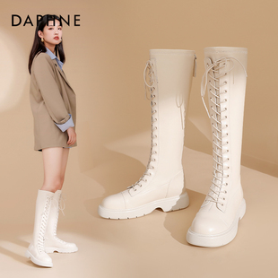 达芙妮白色长筒靴女2022年秋冬显瘦长靴英伦风，骑士靴女靴秋季