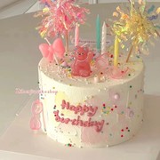 韩国ins小熊生日蜡烛蛋糕装饰卡通粉色可爱熊摆件女孩甜品台插件