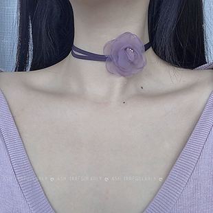 超仙网纱丝带紫色花朵项链女短款锁骨，链颈带脖子饰品颈链百搭颈圈