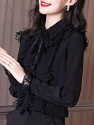 法式黑色长袖蕾丝雪纺，打底衫女春秋2024年荷叶领洋气减龄上衣