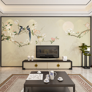 新中式玉兰花鸟壁布电视背景墙壁画客厅沙发影视墙纸墙布卧室壁纸