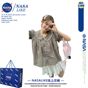 NASA甜美娃娃领泡泡袖别致格子衬衫女2024夏季百搭设计感短袖上衣