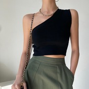 韩国chic夏季法式复古修身显瘦设计款不规则斜肩针织背心短款上衣