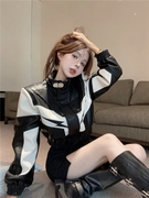 2024秋季辣妹街头机车PU皮外套设计感女黑白撞色重工拼接皮衣上衣