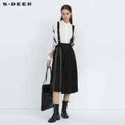 sdeer圣迪奥夏季女装学院风撞色绣线黑色百褶背带长裙S22281133