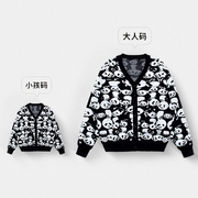 一家三口亲子装秋装针织马甲国潮熊猫母子母女装外套亲子毛衣洋气